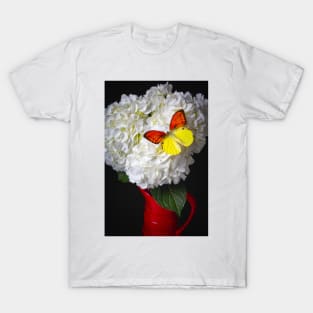 White Hydrangea With Yellow Orange butterfly T-Shirt